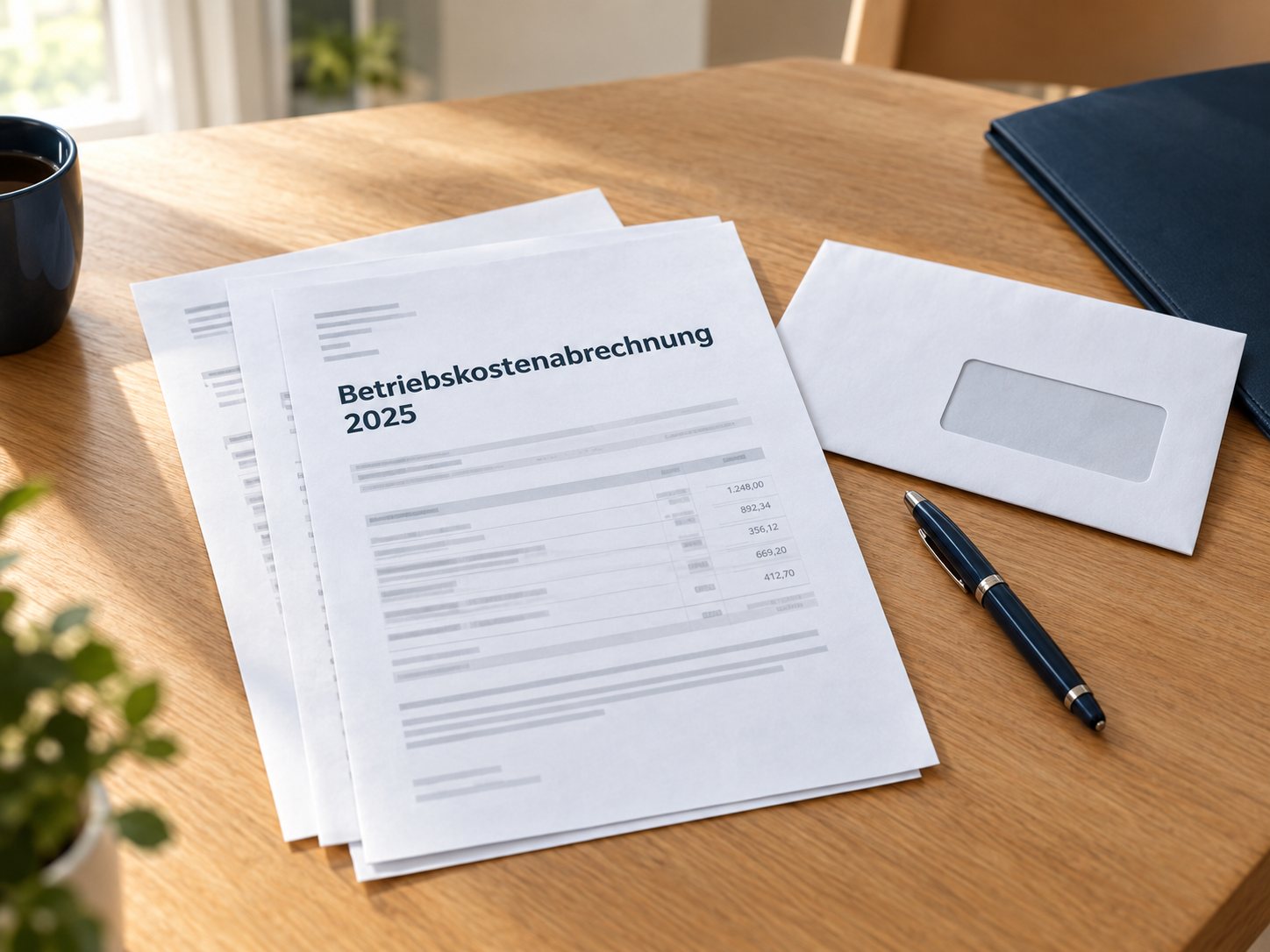 Die fertige Betriebskostenabrechnung 2025 als ausgedruckter Brief auf dem Tisch, daneben ein Fensterumschlag und ein Stift