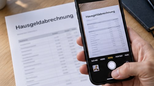 Eine Hausgeldabrechnung liegt auf dem Tisch, ein Handy fotografiert die erste Seite