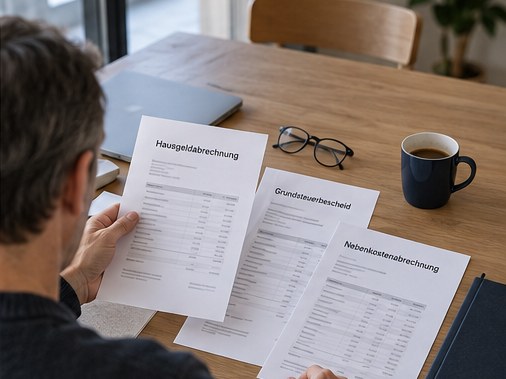 Ein Vermieter am Esstisch mit drei Blättern: Hausgeldabrechnung, Grundsteuerbescheid und die Nebenkostenabrechnung für den Mieter