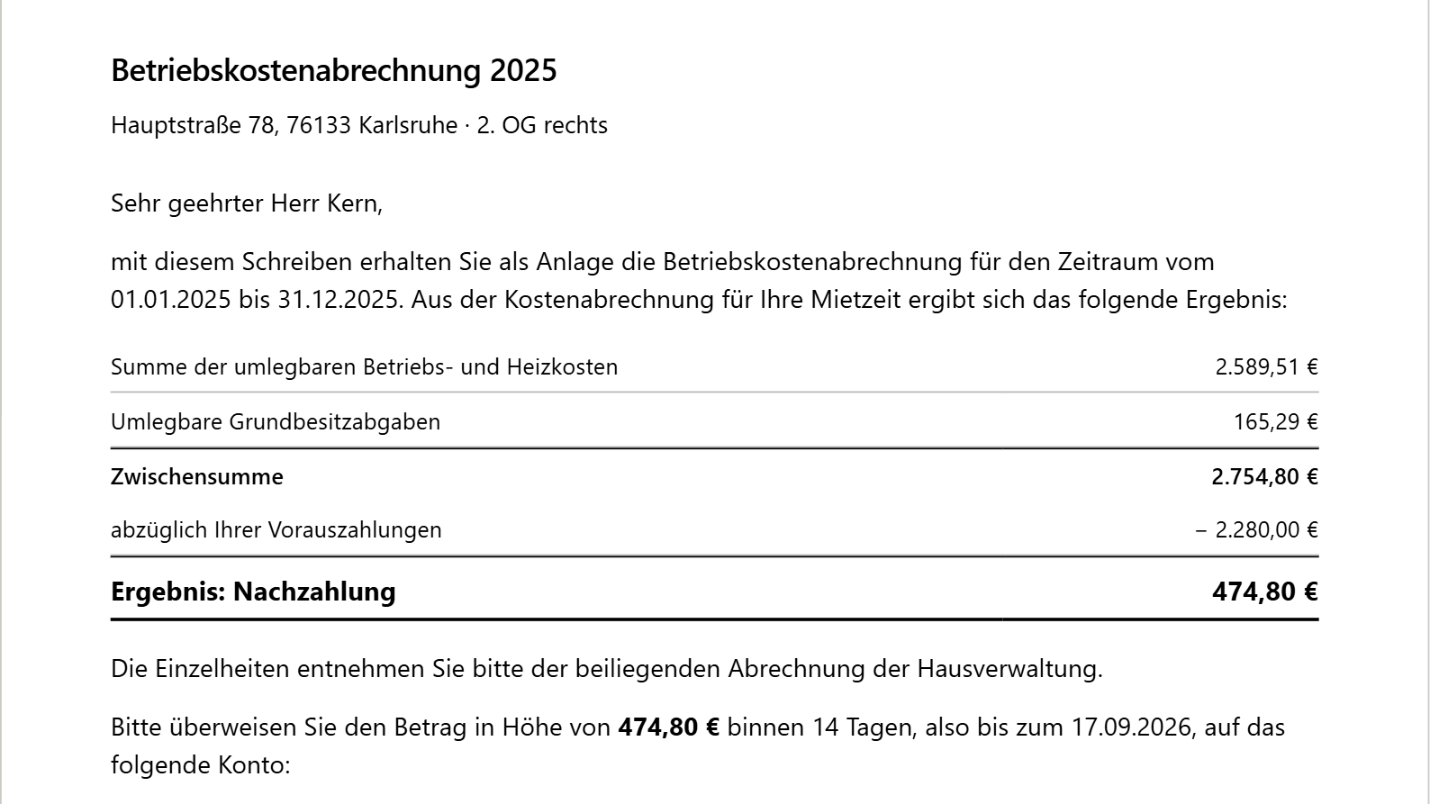 Bildschirmfoto der fertigen Betriebskostenabrechnung: Summe der umlegbaren Kosten, Grundbesitzabgaben, abzüglich Vorauszahlungen, Ergebnis Nachzahlung 474,80 Euro